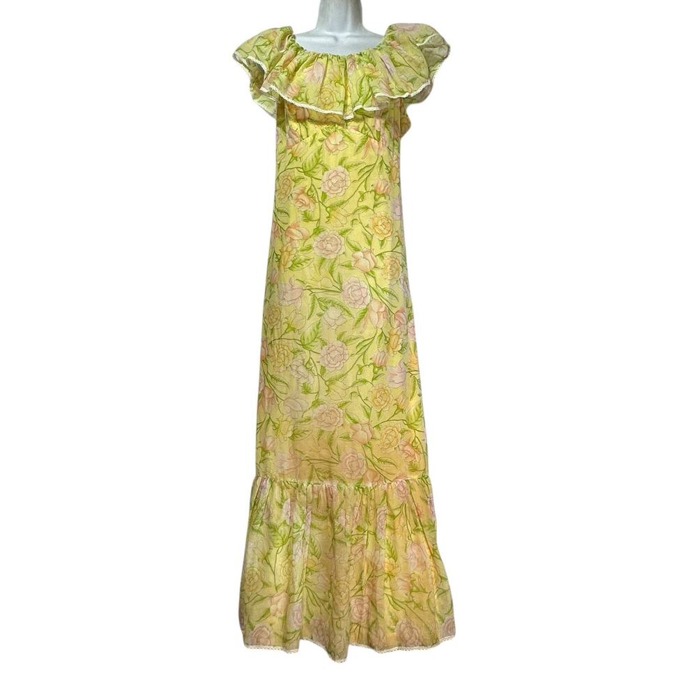 Vintage Handmade Yellow Floral Maxi Dress Ruffle Hem Cottagecore Boho